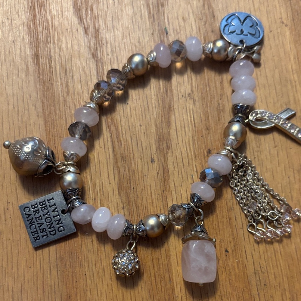 Pink Quartz and Gold Charm breast cancer expansion Bracelet